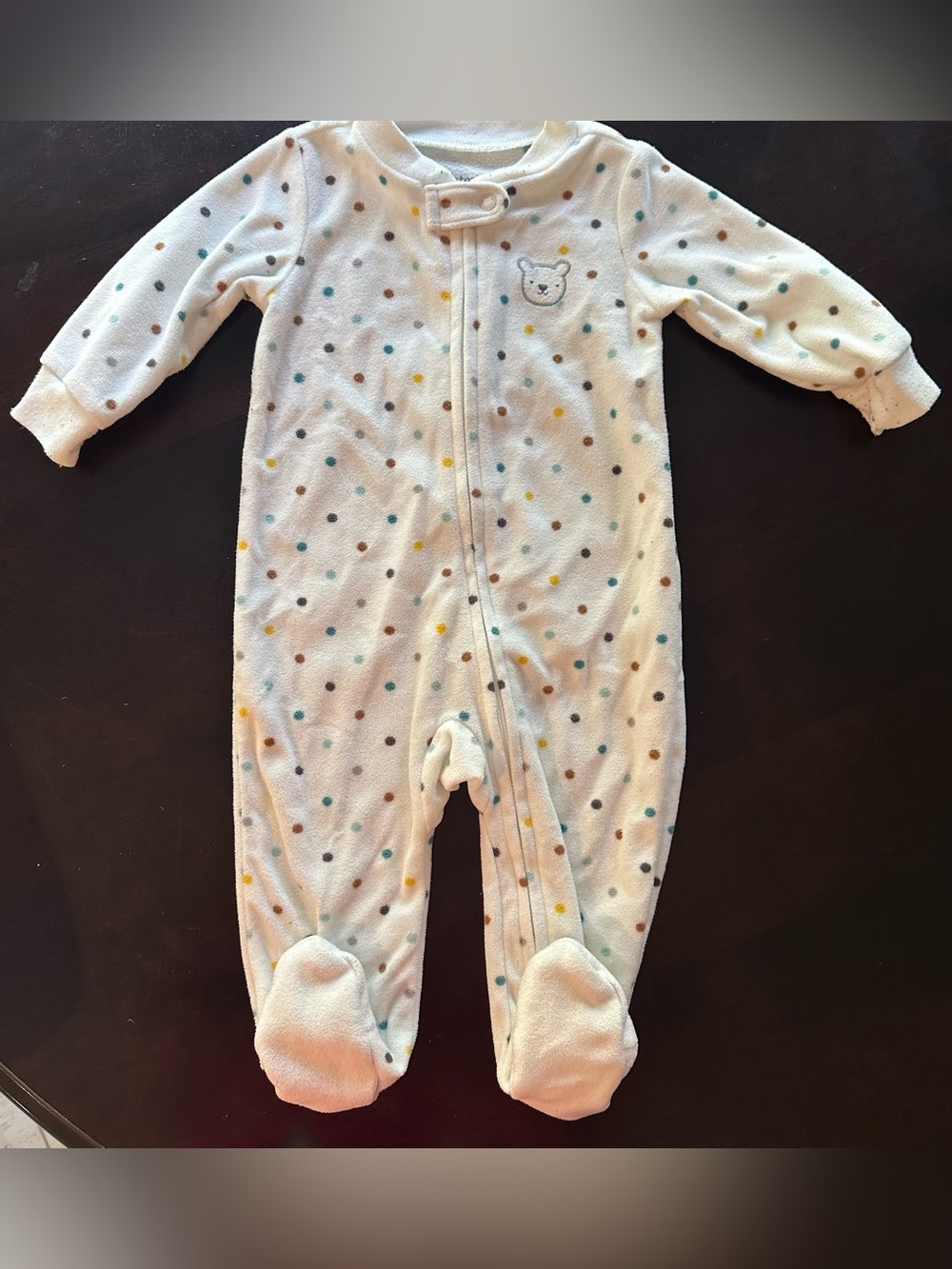 Carter's White Polka Dot Footed One-Piece Pajamas w Bear Accent, Size 6 months